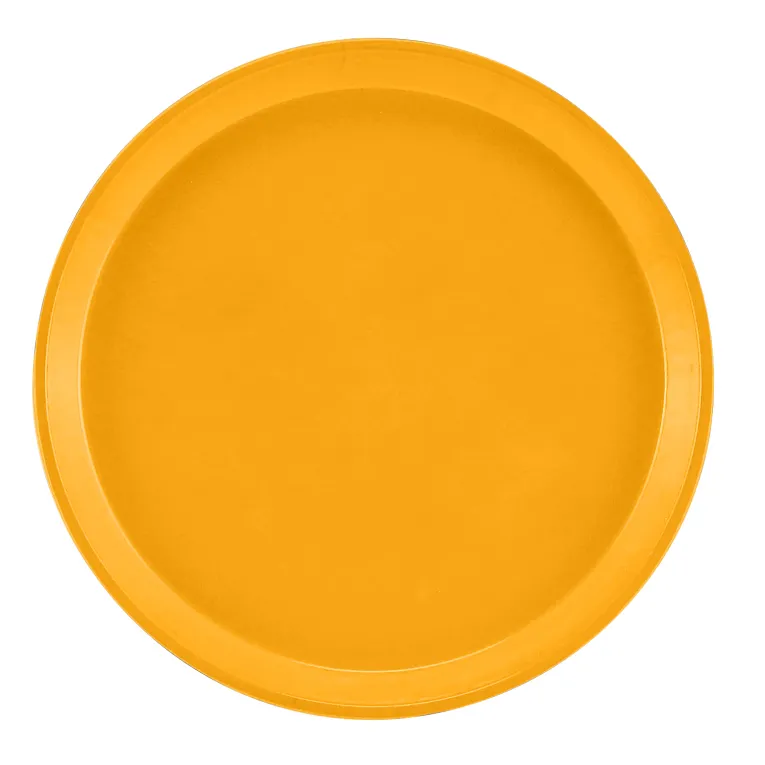 A round, flat Serving Camtray in solid yellow with a slightly raised edge is shown from above against a plain white background. This NSF-approved fiberglass tray features a smooth surface and uniform color, free of patterns or textures.