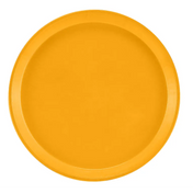 A round, flat Serving Camtray in solid yellow with a slightly raised edge is shown from above against a plain white background. This NSF-approved fiberglass tray features a smooth surface and uniform color, free of patterns or textures.