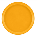A plain, round fiberglass tray in a solid mustard yellow color. The Serving Camtray features a smooth surface with a slightly raised edge all around. Minimalistic and modern, this NSF-certified design has no patterns, textures, or handles visible.