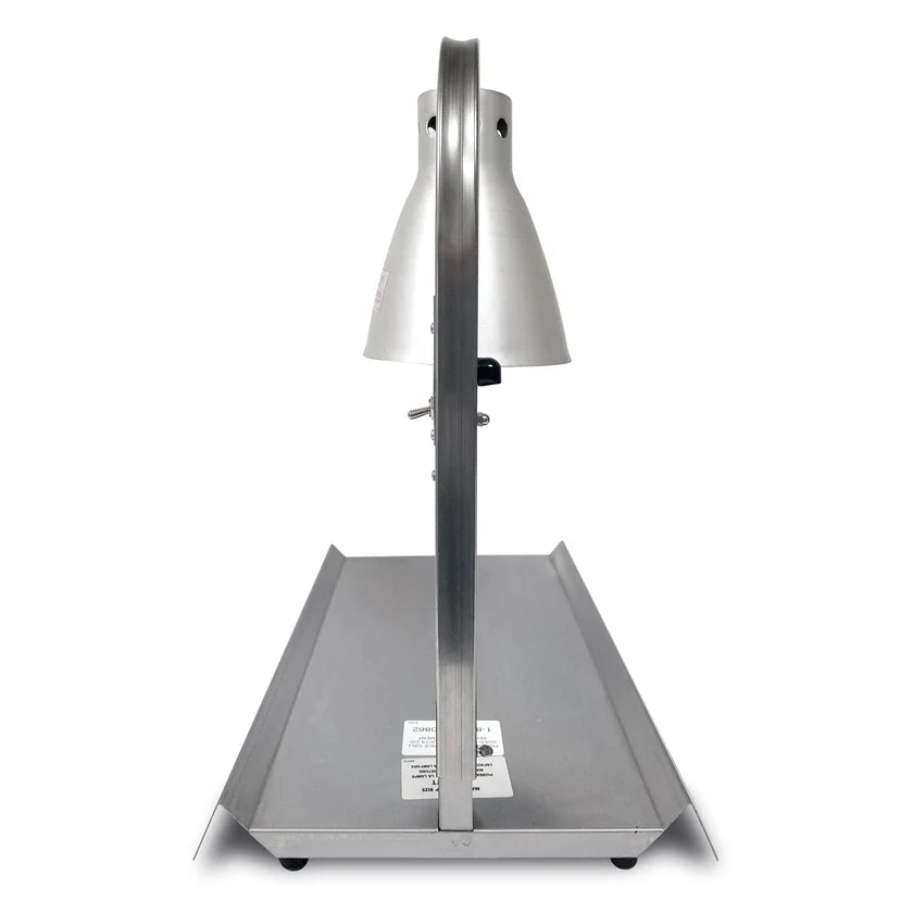 A side view of a Warma-Serve Food Warmer with a metal heat lamp and rectangular tray beneath it. The curved metal arm holds the lamp above, perfect for keeping food warm in restaurants or buffets using efficient heat lamps.