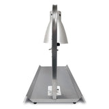 A side view of a Warma-Serve Food Warmer with a metal heat lamp and rectangular tray beneath it. The curved metal arm holds the lamp above, perfect for keeping food warm in restaurants or buffets using efficient heat lamps.