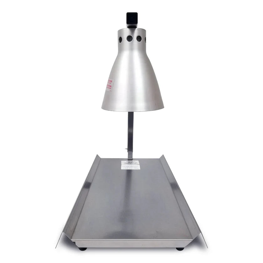 A stainless steel Warma-Serve Food Warmer with a conical hood and slotted top, mounted on a vertical pole above a flat rectangular tray. The tray has raised edges and sits on a plain white background, ideal for efficient heat lamps performance.