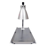 A stainless steel Warma-Serve Food Warmer with a conical hood and slotted top, mounted on a vertical pole above a flat rectangular tray. The tray has raised edges and sits on a plain white background, ideal for efficient heat lamps performance.