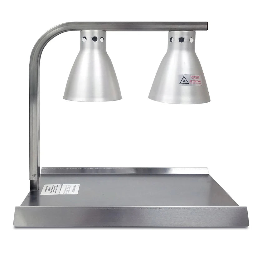 The Warma-Serve Food Warmer features two silver cone-shaped heat lamps with ventilation holes and warning labels, suspended over a rectangular base. Ideal for keeping food warm in commercial or buffet settings.