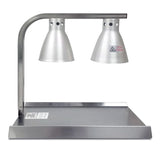 The Warma-Serve Food Warmer features two silver cone-shaped heat lamps with ventilation holes and warning labels, suspended over a rectangular base. Ideal for keeping food warm in commercial or buffet settings.