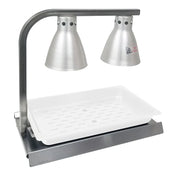 The Warma-Serve Food Warmer features two cone-shaped heat lamps above a rectangular white tray on a metal base, designed to keep food warm in commercial or buffet settings. The stainless steel food warmer includes ventilation holes and a caution sticker.