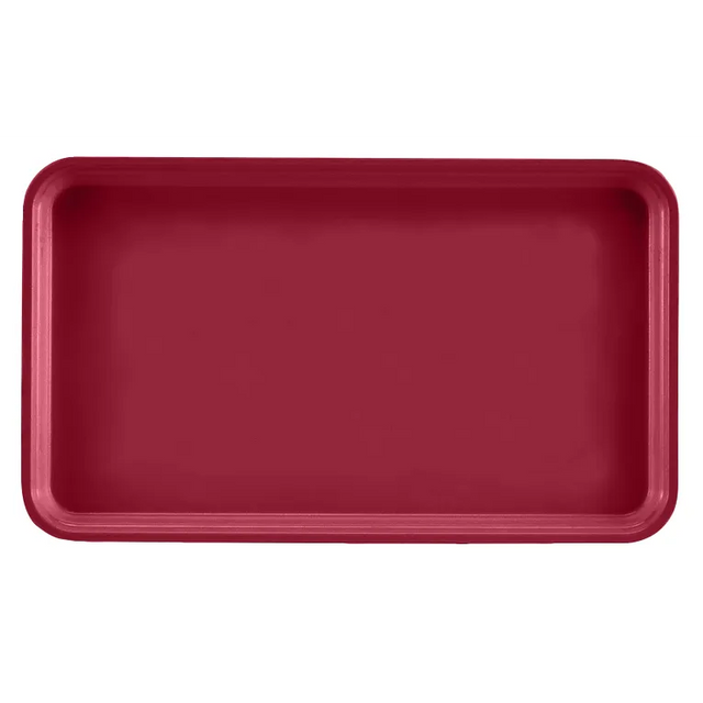 A rectangular, deep red Camtray made of high-impact fiberglass with rounded corners and raised edges, shown top-down against a white background. The tray is empty, has a smooth, glossy surface, and is dishwasher safe.