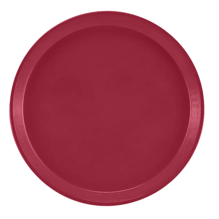 A round, flat Serving Camtray made from durable fiberglass in a solid deep red color is shown from above against a plain white background. The tray has a smooth, dishwasher safe surface and a slightly raised edge all around.