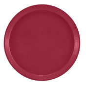 A round, flat Serving Camtray in cherry red with a raised edge is viewed from above on a white background. The simple fiberglass tray features a smooth surface and uniform color.