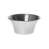 A small, empty 4 oz stainless steel sauce cup with a wide rim and flared sides, photographed on a white background. The bowl features a smooth, shiny surface and a slightly tapered base.