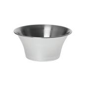 A small, empty 4 oz stainless steel sauce cup with a wide rim and flared sides, photographed on a white background. The bowl features a smooth, shiny surface and a slightly tapered base.