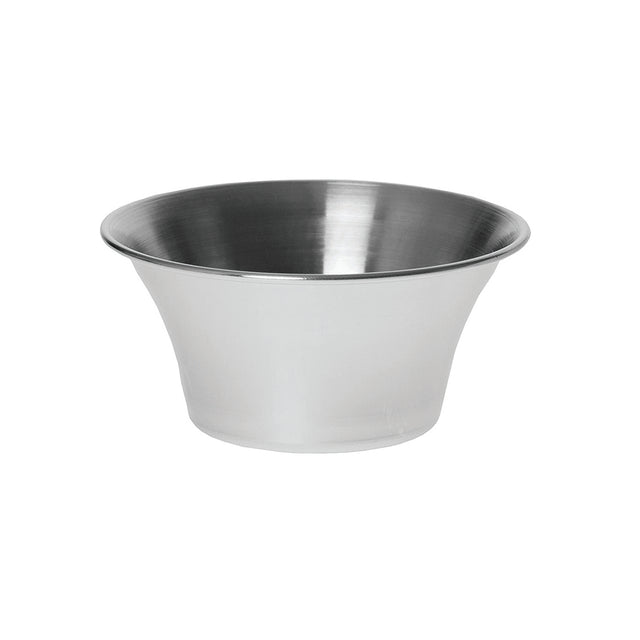 A small, empty 4 oz stainless steel sauce cup with a wide rim and flared sides, photographed on a white background. The bowl features a smooth, shiny surface and a slightly tapered base.