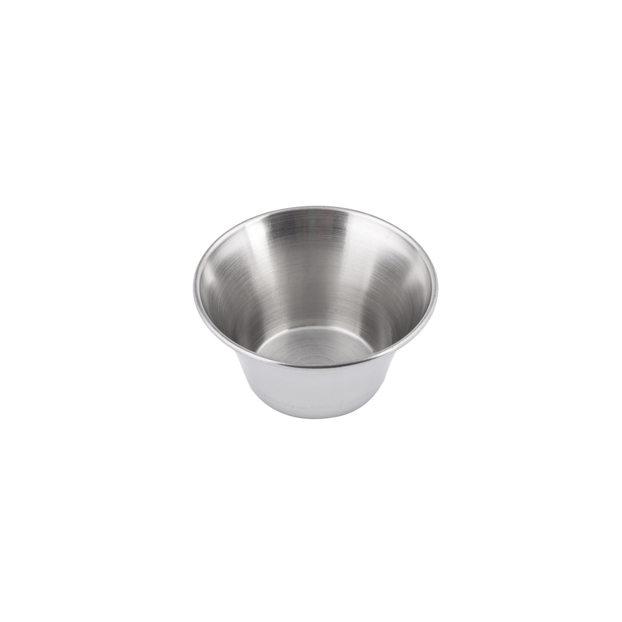 A small, round, 4 oz stainless steel sauce cup with straight sides, a flat base, and a wide rim. The bowl is empty against a plain white background, highlighting its smooth metallic interior and brushed exterior surface.