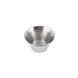 A small, round, 4 oz stainless steel sauce cup with straight sides, a flat base, and a wide rim. The bowl is empty against a plain white background, highlighting its smooth metallic interior and brushed exterior surface.