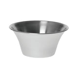 A plain, empty 6 oz stainless steel sauce cup with a wide, flared rim and a narrow base. The cup is clean, shiny, and reflective, placed against a white background.
