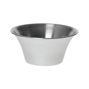 A plain, empty 6 oz stainless steel sauce cup with a wide, flared rim and a narrow base. The cup is clean, shiny, and reflective, placed against a white background.
