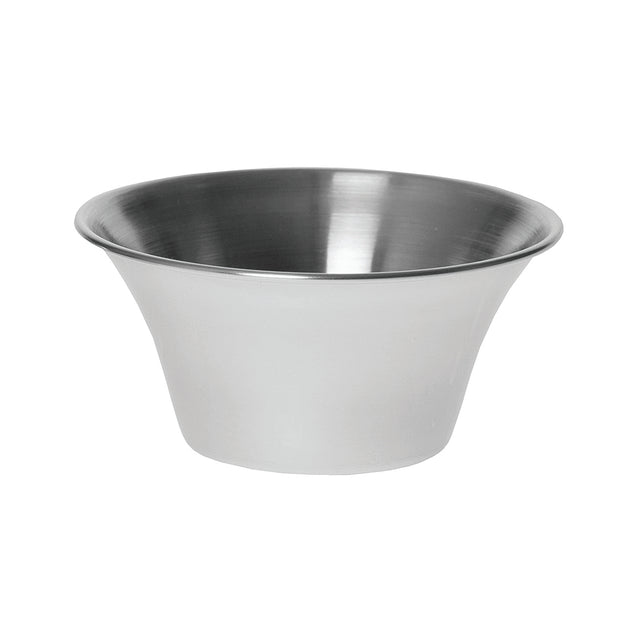 A plain, empty 6 oz stainless steel sauce cup with a wide, flared rim and a narrow base. The cup is clean, shiny, and reflective, placed against a white background.