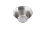 A shiny, empty 6 oz stainless steel sauce cup is shown on a white background. The cup has smooth, curved sides and a flat base, with a reflective metallic surface. It is viewed from a slightly elevated angle, revealing the inside.