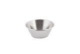 A small, empty stainless steel sauce cup with a brushed finish, slightly flared sides, and a flat base, centered on a plain white background. This durable piece is also dishwasher safe for easy cleaning.