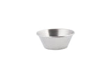 A small, empty stainless steel sauce cup with a shiny silver finish sits centered on a plain white background. The cup has smooth sides that taper slightly toward the base and a rounded rim.
