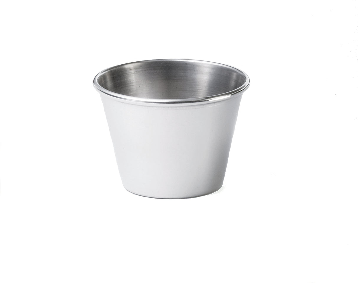 A small, plain stainless steel sauce cup with a smooth, matte finish. The cylindrical cup widens slightly toward the open top and features a rounded rim. Photographed against a white background, it is dishwasher safe with no handles or decorations.