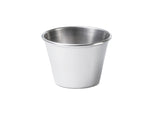 A small, plain stainless steel sauce cup with a smooth, matte finish. The cylindrical cup widens slightly toward the open top and features a rounded rim. Photographed against a white background, it is dishwasher safe with no handles or decorations.