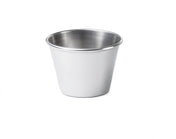 A small, plain stainless steel sauce cup with a smooth, matte finish. The cylindrical cup widens slightly toward the open top and features a rounded rim. Photographed against a white background, it is dishwasher safe with no handles or decorations.