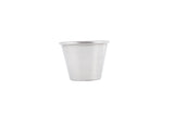 A small, plain stainless steel sauce cup with a slightly flared rim sits upright on a white background. The cup has a smooth, brushed finish, is dishwasher safe, and features no visible markings or handles.