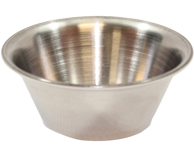 A small, empty 2 oz stainless steel sauce cup with slightly flared sides and a smooth, brushed metal finish. The cylindrical cup is open at the top, perfect for serving sauces or dips against a plain white background.