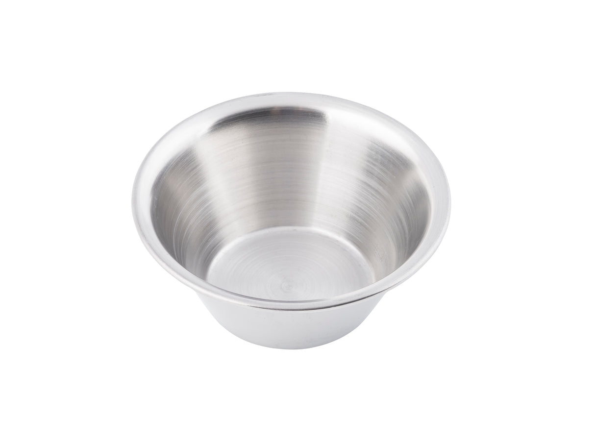A shiny, empty 2 oz stainless steel sauce cup is shown against a white background. The bowl has a smooth, reflective surface and slightly flared rim, with circular grooves inside. It appears clean and unused.