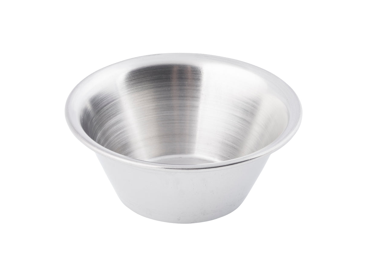 A plain, empty, round 2 oz stainless steel sauce cup with a shiny, brushed surface. The bowl has a wide rim and narrow base, set against a white background. The metal reflects light, giving the sauce cup a silvery appearance.