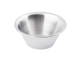 A plain, empty, round 2 oz stainless steel sauce cup with a shiny, brushed surface. The bowl has a wide rim and narrow base, set against a white background. The metal reflects light, giving the sauce cup a silvery appearance.