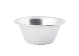 A plain, round, shallow 2 oz stainless steel sauce cup with a smooth, brushed silver finish sits empty on a white background. The bowl features slightly sloped sides and a wide rim, viewed from a slight angle.