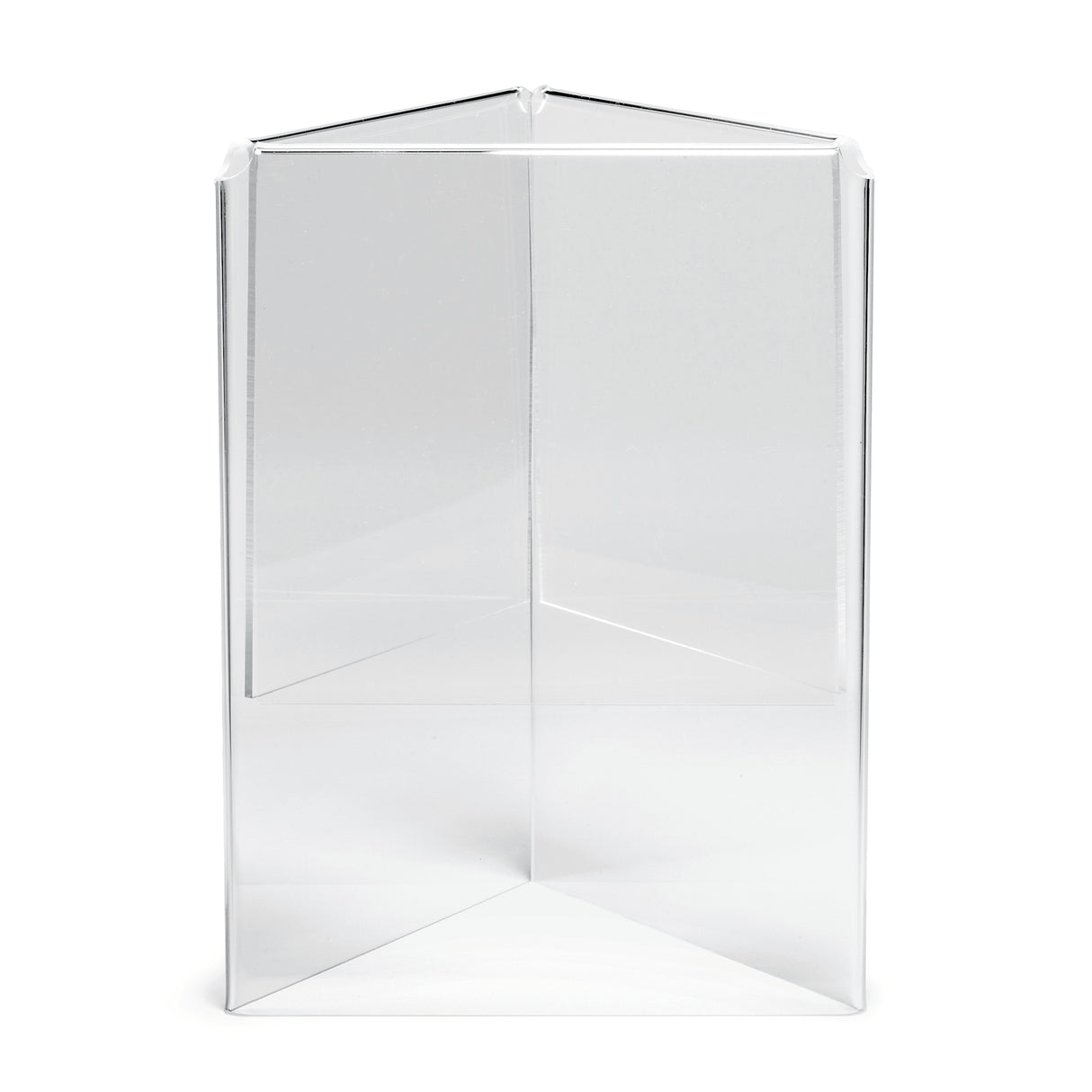 A clear acrylic prism with three equal sides forms a symmetrical triangular column. Its sharp edges and transparent surfaces let light pass through. The prism stands upright on a flat surface and can be used as a stylish menu holder.
