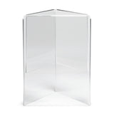 A clear acrylic prism with three equal sides forms a symmetrical triangular column. Its sharp edges and transparent surfaces let light pass through. The prism stands upright on a flat surface and can be used as a stylish menu holder.