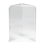 A clear acrylic prism with three equal sides forms a symmetrical triangular column. Its sharp edges and transparent surfaces let light pass through. The prism stands upright on a flat surface and can be used as a stylish menu holder.