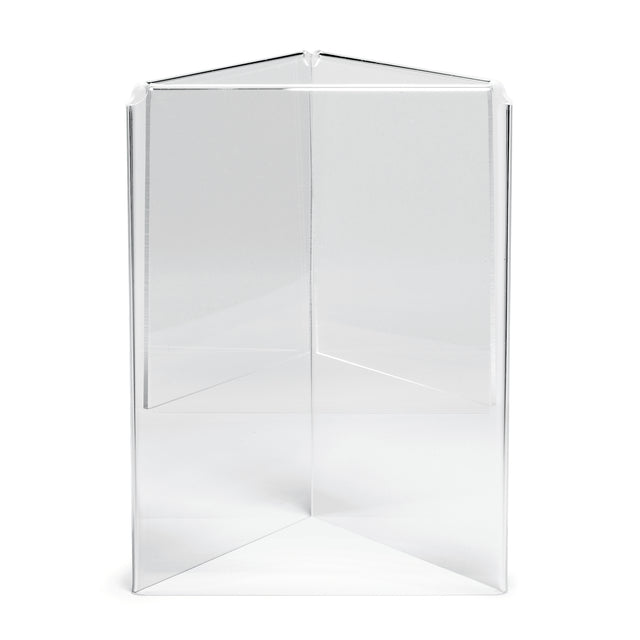 A clear acrylic prism with three equal sides forms a symmetrical triangular column. Its sharp edges and transparent surfaces let light pass through. The prism stands upright on a flat surface and can be used as a stylish menu holder.