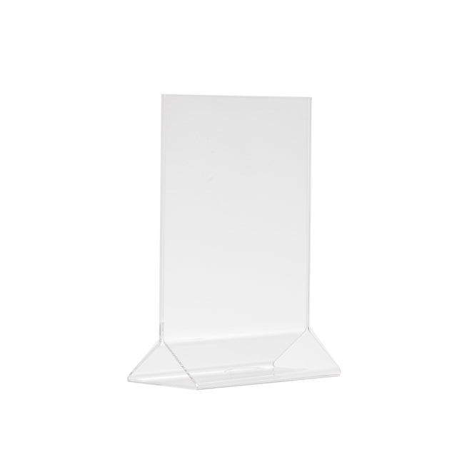 A clear, upright acrylic menu holder with a rectangular display panel and a slanted, sturdy base. The holder is empty and photographed against a plain white background. Perfect as a menu holder for any setting.