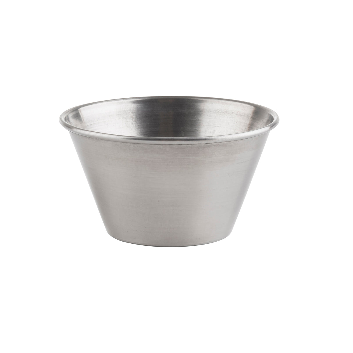 A small, empty stainless steel sauce cup with a brushed finish and slightly flared rim sits on a white background. Tapering from a wide top to a narrow base, this sauce cup is both stylish and dishwasher safe.