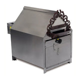 A vintage-style electric Peanut Roaster with a slanted top, front door latch, and an ornate frame above the chute labeled PEANUTS. Crafted mostly from stainless steel with dark decorative elements, it combines charm and functionality.