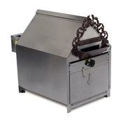 A vintage-style electric Peanut Roaster with a slanted top, front door latch, and an ornate frame above the chute labeled PEANUTS. Crafted mostly from stainless steel with dark decorative elements, it combines charm and functionality.