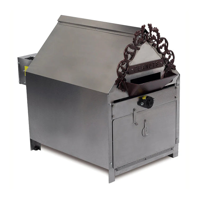 A vintage-style electric Peanut Roaster with a slanted top, front door latch, and an ornate frame above the chute labeled PEANUTS. Crafted mostly from stainless steel with dark decorative elements, it combines charm and functionality.