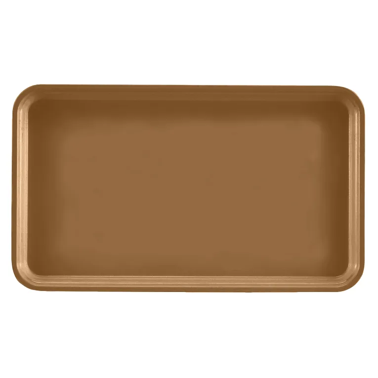 A rectangular, shallow brown Camtray with rounded corners and a smooth surface, made from high-impact fiberglass. This dishwasher safe tray is viewed from above against a white background.
