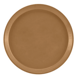 A round, flat fiberglass tray with a raised edge, shown from above. The tray is a solid, light brown or tan color with a smooth, matte finish and no visible patterns or handles. Dishwasher safe. The background is plain white.