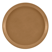 A round, flat, light brown fiberglass tray viewed from above. The tray has a slightly raised edge and a smooth, matte surface with no visible patterns or designs. Dishwasher safe. The background is plain and white.