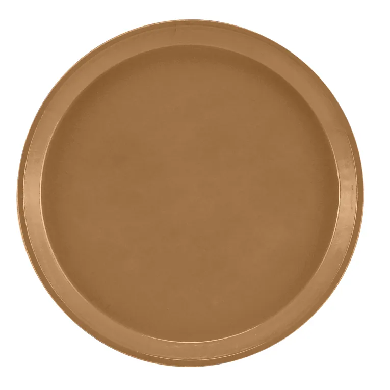 A plain, round, brown fiberglass tray with a raised edge is shown against a white background. This NSF-listed Serving Camtray features a smooth surface and uniform color, with no visible patterns or decorations.