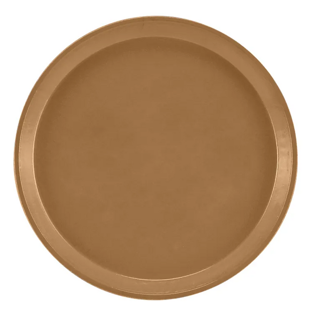 A plain, round, brown fiberglass tray with a raised edge is shown against a white background. This NSF-listed Serving Camtray features a smooth surface and uniform color, with no visible patterns or decorations.