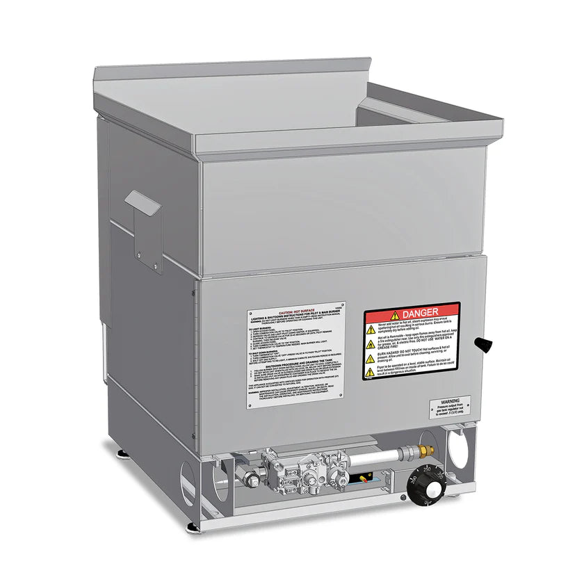 A large, rectangular, industrial stainless steel propane fryer with a deep open top, warning labels, and control knobs on the front lower panel. The equipment sits on short legs and features visible plumbing fixtures underneath.