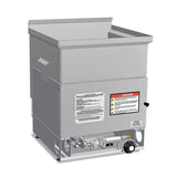 A large, rectangular, industrial stainless steel propane fryer with a deep open top, warning labels, and control knobs on the front lower panel. The equipment sits on short legs and features visible plumbing fixtures underneath.