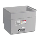 A rectangular stainless steel commercial gas hot food well with control knob, warning labels, and exposed components on the front panel—ideal for use alongside an outdoor fryer or propane tank fryer. The deep interior holds food pans and rests securely on flat surfaces.